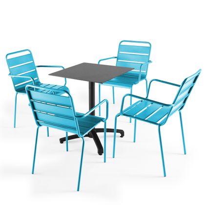 Oviala Een gelamineerd leisteen grijze afwerking en 4 blauwe stoelen