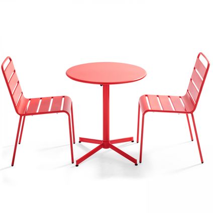 Oviala Palavas Set van een ronde tuin tafel en 2 rode metalen stoelen