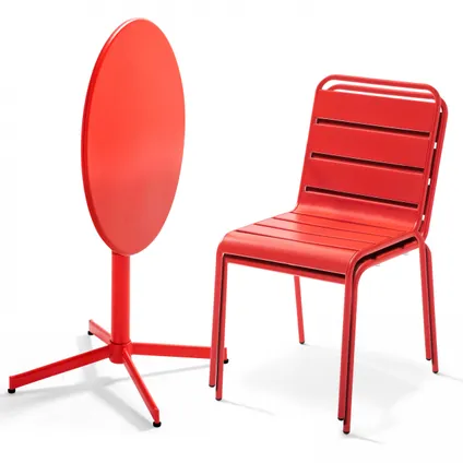 Oviala Palavas Set van een ronde tuin tafel en 2 rode metalen stoelen 2
