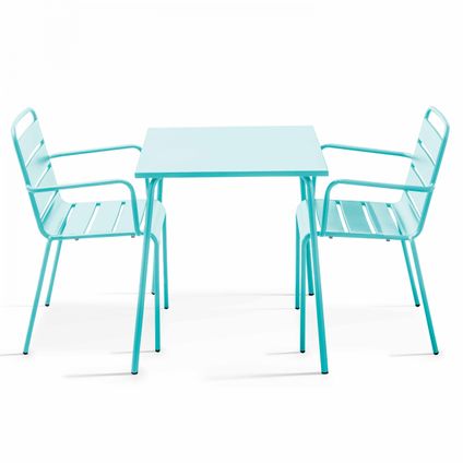 Oviala Set van een vierkante tuin tafel en 2 turquoise stalen fauteuils