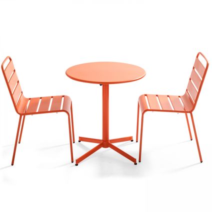 Oviala Palavas Set van een ronde tuin tafel en 2 metalen oranje stoelen