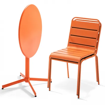 Oviala Palavas Set van een ronde tuin tafel en 2 metalen oranje stoelen 2