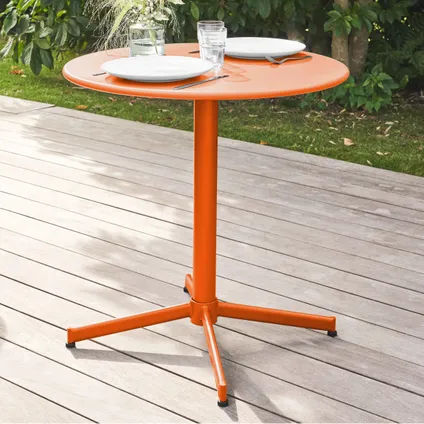 Oviala Palavas Set van een ronde tuin tafel en 2 metalen oranje stoelen 4