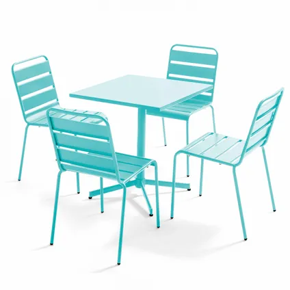 Oviala Palavas Vierkante tafel en 4 stoelen van turquoise metaal