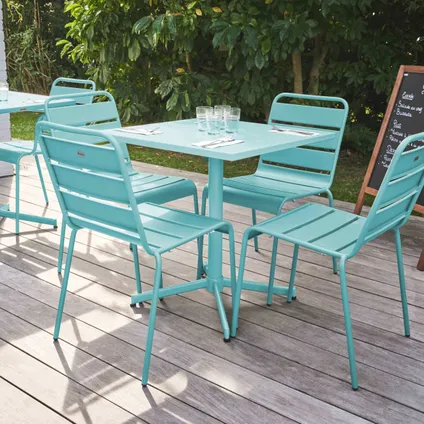 Oviala Palavas Vierkante tafel en 4 stoelen van turquoise metaal 2