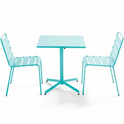 Oviala Set van een vierkante tuin tafel en 2 metalen turquoise stoelen