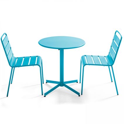 Oviala Palavas Set van een ronde tuin tafel en 2 blauwe metalen stoelen