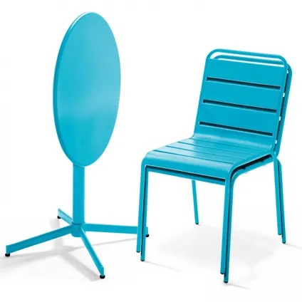 Oviala Palavas Set van een ronde tuin tafel en 2 blauwe metalen stoelen 2