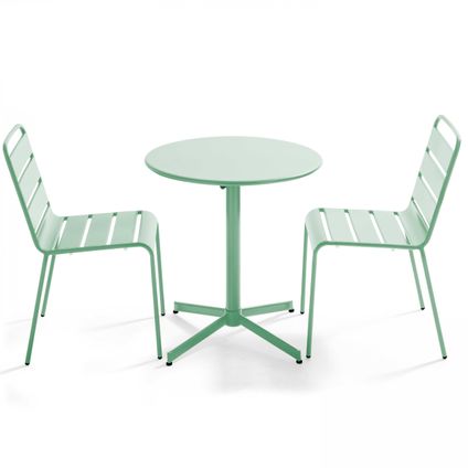 Oviala Palavas Set van een ronde tuin tafel en 2 metalen groene salie stoelen