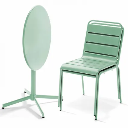 Oviala Palavas Set van een ronde tuin tafel en 2 metalen groene salie stoelen 2