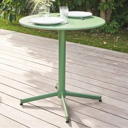 Oviala Palavas Set van een ronde tuin tafel en 2 metalen groene salie stoelen 4