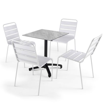 Oviala Een tuintafel met marmeren laminaat en 4 witte stoelen