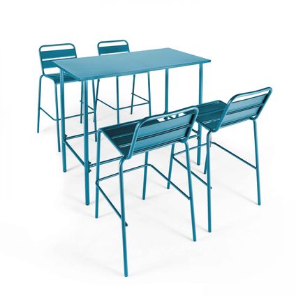 Oviala Palavas Set hoge tafel en 4 barkrukken in blauw pacific metaal
