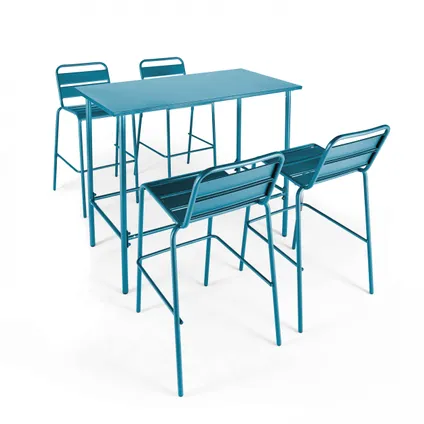 Oviala Palavas Set hoge tafel en 4 barkrukken in blauw pacific metaal