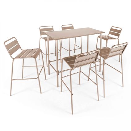 Oviala Set van een hoge tuin tafel en 6 metalen taupe stoelen