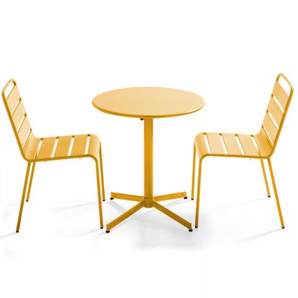 Oviala Palavas Set van een ronde tuin tafel en 2 gele metalen stoelen