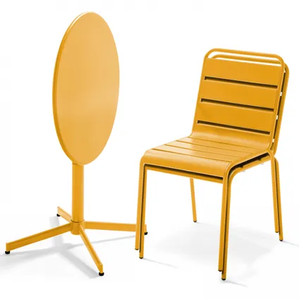 Oviala Palavas Set van een ronde tuin tafel en 2 gele metalen stoelen 2