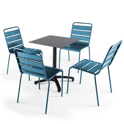 Oviala Opéra Set van een donker gelamineerde tuin tafel en 4 blauwe Pacific stoelen