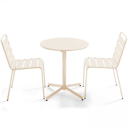 Oviala Palavas Set van een ronde tuin tafel en 2 ivoor metalen stoelen