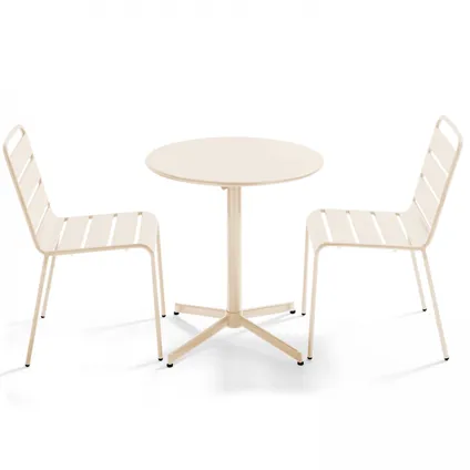 Oviala Palavas Set van een ronde tuin tafel en 2 ivoor metalen stoelen