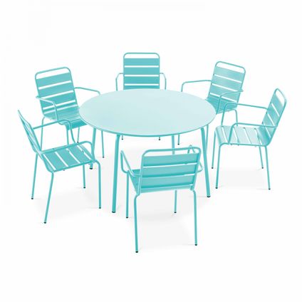 Oviala Palavas Set van een ronde tuin tafel en 6 turquoise stalen fauteuils