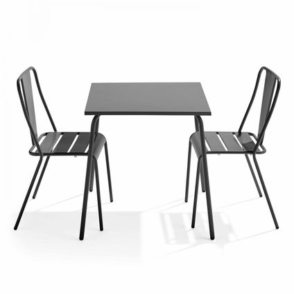 Oviala Palavas Set van een vierkante tuin tafel en 2 grijze bistro stoelen
