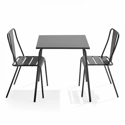 Oviala Palavas Set van een vierkante tuin tafel en 2 grijze bistro stoelen
