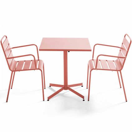 Ensemble table de jardin carrée et 2 fauteuils métal Oviala Palavas argile