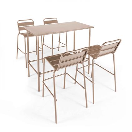 Ensemble table haute et 4 chaises de bar Oviala Palavas en métal taupe