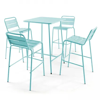 Oviala Set bartafel en 4 hoge metalen stoelen in turquoise