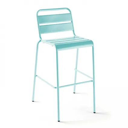 Oviala Palavas Set bartafel en 4 hoge metalen stoelen in turquoise 4
