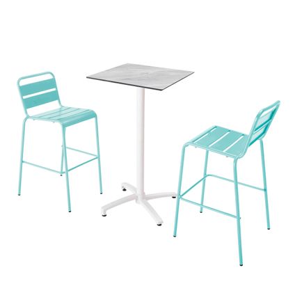 Oviala Set hoge tafel met marmeren laminaat en 2 turquoise hoge stoelen