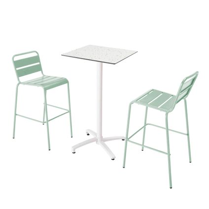 Oviala Set hoge tafel met terrazzo laminaat en 2 saliegroene stoelen