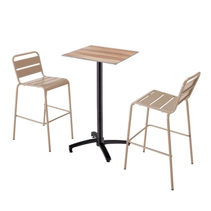 Ensemble table haute stratifié chêne foncé Oviala Opéra et 2 chaises hautes taupe
