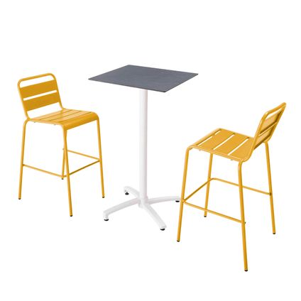 Oviala Set hoge tafel met leisteen grijze laminaat en 2 hoge gele stoelen