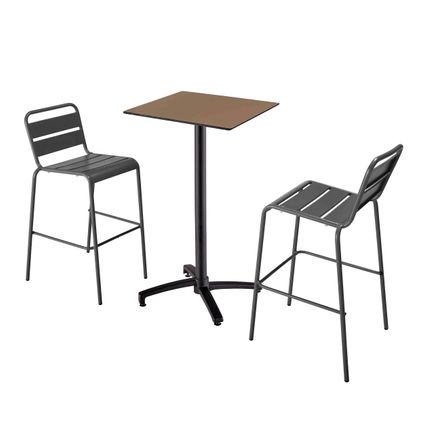 Ensemble table haute stratifié taupe Oviala Opéra et 2 chaises hautes gris