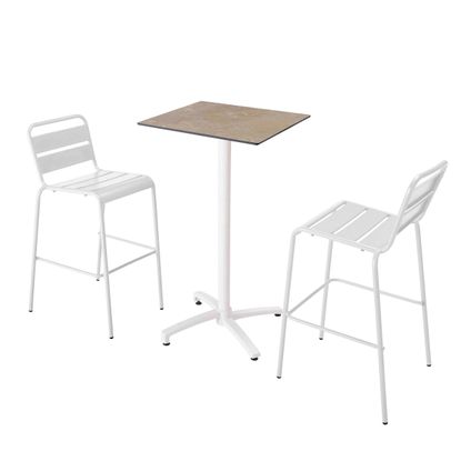 Oviala Set hoge tafel met beige marmeren laminaat en 2 hoge witte stoelen