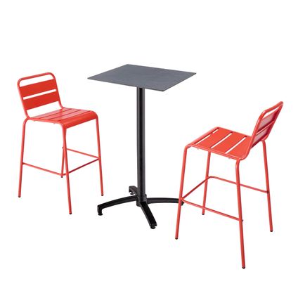 Oviala Set hoge grijze laminaat tafel en 2 hoge rode stoelen