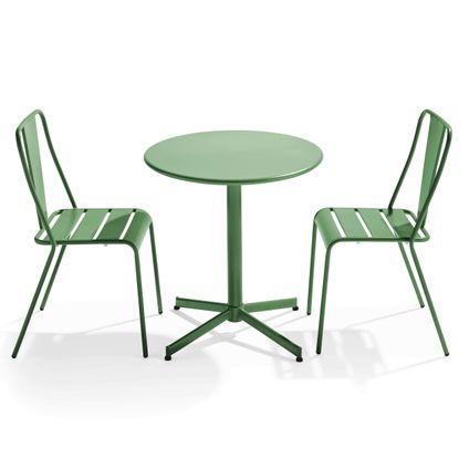 Ensemble table ronde Oviala Palavas et 2 chaises de jardin en métal vert cactus