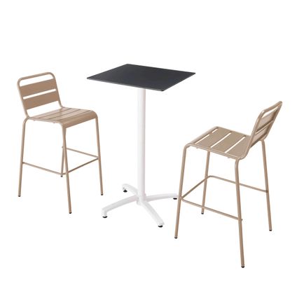 Oviala Set hoge zwarte laminaat tafel en 2 hoge taupe stoelen