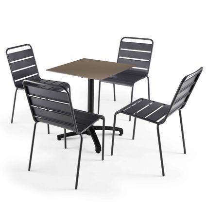 Oviala Set tuintafel met taupe gelamineerd blad en 4 grijze metalen stoelen