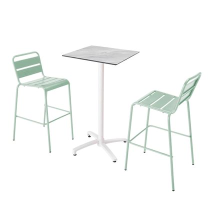 Oviala Set hoge tafel met marmeren laminaat en 2 hoge stoelen in saliegroen