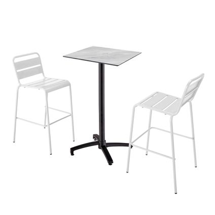 Oviala Set hoge tafel met marmeren laminaat en 2 hoge witte stoelen