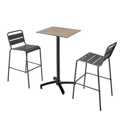 Oviala Set hoge tafel met beige marmeren laminaat en 2 hoge grijze stoelen