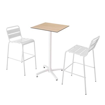 Oviala Set hoge tafel met natuurlijk eikenhouten laminaat en 2 witte stoelen