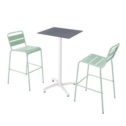 Oviala Set van een hoog laminaat leisteen grijze tafel en 2 hoge saliegroene
