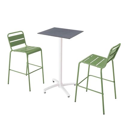 Oviala Set hoge tafel met leisteen grijze laminaat en 2 cactusgroene stoelen