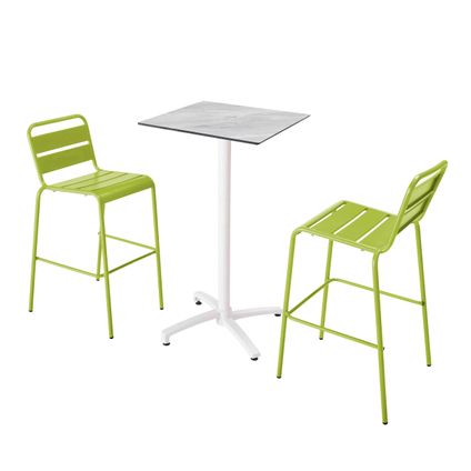 Oviala Set hoge tafel met marmeren laminaat en 2 hoge groene stoelen