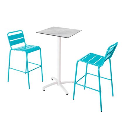 Oviala Set hoge tafel met marmeren laminaat en 2 hoge blauwe stoelen