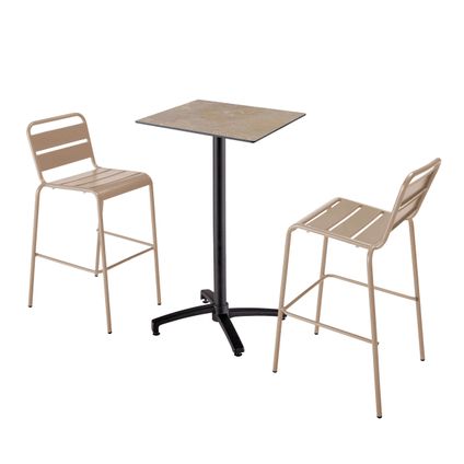 Oviala Set hoge tafel met beige marmeren laminaat en 2 hoge taupe stoelen
